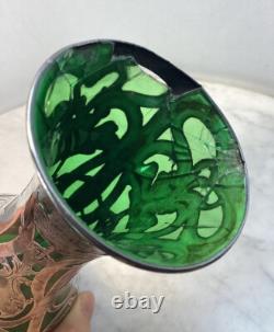 Antique LOETZ Green Glass Sterling Silver Overlay Vase 8.25Tall As Is