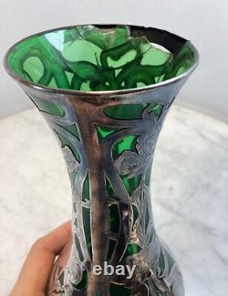 Antique LOETZ Green Glass Sterling Silver Overlay Vase 8.25Tall As Is