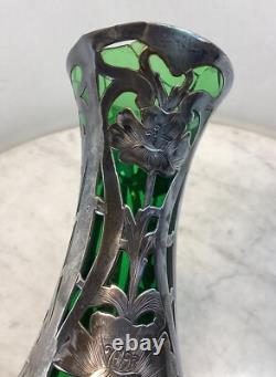 Antique LOETZ Green Glass Sterling Silver Overlay Vase 8.25Tall As Is