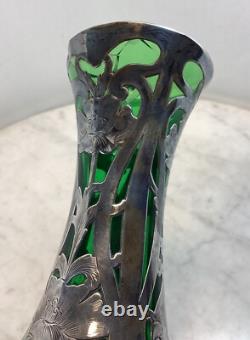 Antique LOETZ Green Glass Sterling Silver Overlay Vase 8.25Tall As Is