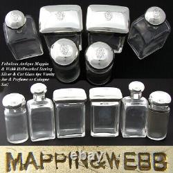 Antique Mappin & Webb Sterling Silver & Cut Glass 6pc Vanity Set, Jars, Perfume