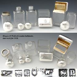 Antique Mappin & Webb Sterling Silver & Cut Glass 6pc Vanity Set, Jars, Perfume