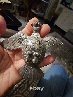 Antique Mexican Sterling Silver Large Huge Bird Pin Pendant Glass Eyes