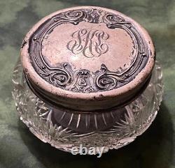 Antique Old Art Nouveau Sterling Silver Lid Cut Glass Vanity Dressing Powder Jar