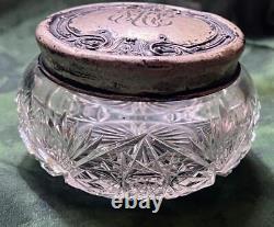 Antique Old Art Nouveau Sterling Silver Lid Cut Glass Vanity Dressing Powder Jar