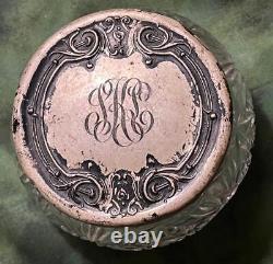 Antique Old Art Nouveau Sterling Silver Lid Cut Glass Vanity Dressing Powder Jar
