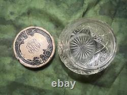 Antique Old Art Nouveau Sterling Silver Lid Cut Glass Vanity Dressing Powder Jar