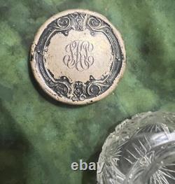Antique Old Art Nouveau Sterling Silver Lid Cut Glass Vanity Dressing Powder Jar