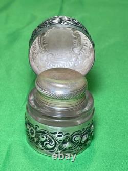 Antique Ornate Sterling Silver Cased Glass Hinged Lidded Container Unidentified