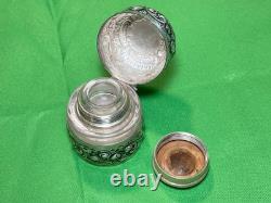 Antique Ornate Sterling Silver Cased Glass Hinged Lidded Container Unidentified