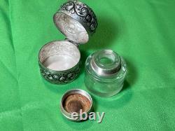 Antique Ornate Sterling Silver Cased Glass Hinged Lidded Container Unidentified