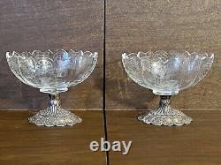 Antique Pair Etched Glass With Sterling Silver Base Compote (Sterling-260grams)