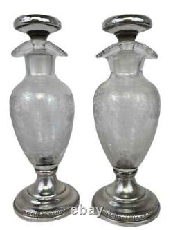 Antique Pair Sheridan Sterling Silver Etched Glass Oil Vinegar Cruets Bottles