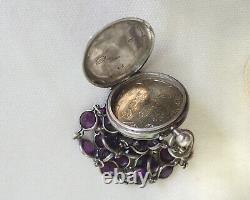 Antique Pocket Watch Locket Painted Violets Mother of Pearl Sterling Amethyst