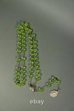 Antique Rare French Uranium Vaseline Glass Rosary Beads Necklace Sterling Silver