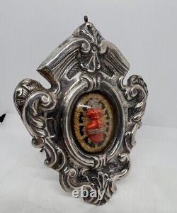 Antique Religious Frame Sterling Silver Sacred Heart Curved Glass Italy 19th C