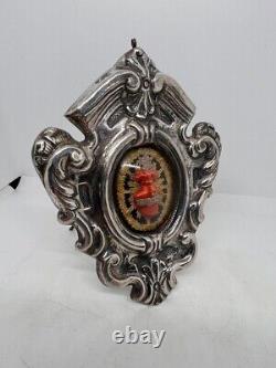 Antique Religious Frame Sterling Silver Sacred Heart Curved Glass Italy 19th C