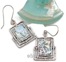 Antique Roman Glass Sterling Silver 925 Hook Earrings Ancient Fragments 200 B. C