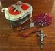 Antique S&f Sterling Silver Ruby Glass Rosary & Vtg Mcm Red Enameled Case