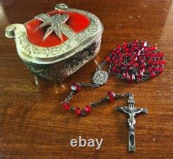 Antique S&F Sterling Silver Ruby Glass Rosary & Vtg MCM Red Enameled Case