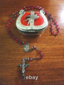 Antique S&F Sterling Silver Ruby Glass Rosary & Vtg MCM Red Enameled Case
