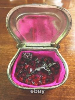 Antique S&F Sterling Silver Ruby Glass Rosary & Vtg MCM Red Enameled Case