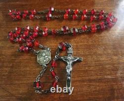 Antique S&F Sterling Silver Ruby Glass Rosary & Vtg MCM Red Enameled Case