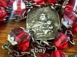 Antique S&F Sterling Silver Ruby Glass Rosary & Vtg MCM Red Enameled Case