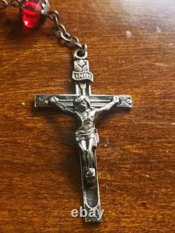 Antique S&F Sterling Silver Ruby Glass Rosary & Vtg MCM Red Enameled Case