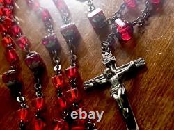 Antique S&F Sterling Silver Ruby Glass Rosary & Vtg MCM Red Enameled Case