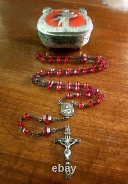 Antique S&F Sterling Silver Ruby Glass Rosary & Vtg MCM Red Enameled Case