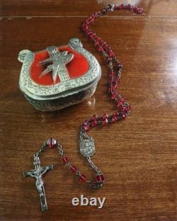 Antique S&F Sterling Silver Ruby Glass Rosary & Vtg MCM Red Enameled Case
