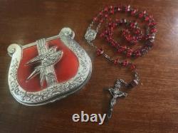 Antique S&F Sterling Silver Ruby Glass Rosary & Vtg MCM Red Enameled Case