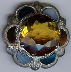 Antique Scottish Sterling Silver Agate & Faceted Topaz Glass Pin
