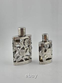 Antique Set Of 2 Sterling Silver Overlay Glass Perfume Bottles. 3.5 & 2.5 Inches