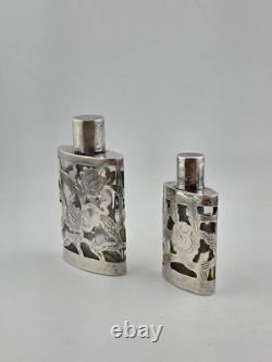 Antique Set Of 2 Sterling Silver Overlay Glass Perfume Bottles. 3.5 & 2.5 Inches