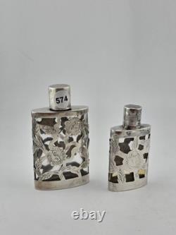 Antique Set Of 2 Sterling Silver Overlay Glass Perfume Bottles. 3.5 & 2.5 Inches