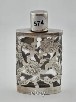 Antique Set Of 2 Sterling Silver Overlay Glass Perfume Bottles. 3.5 & 2.5 Inches