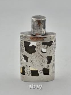 Antique Set Of 2 Sterling Silver Overlay Glass Perfume Bottles. 3.5 & 2.5 Inches