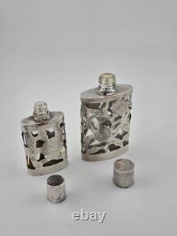 Antique Set Of 2 Sterling Silver Overlay Glass Perfume Bottles. 3.5 & 2.5 Inches