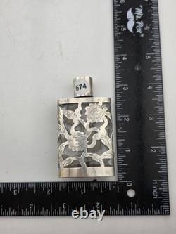 Antique Set Of 2 Sterling Silver Overlay Glass Perfume Bottles. 3.5 & 2.5 Inches