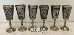 Antique Set Sterling Silver 875 Glasses 6 Cup Niello Win Shot Rare Old 221 gr