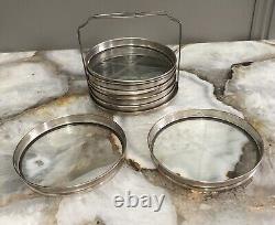 Antique Set of 7 Sterling Silver. 925 Glass Coasters with Sterling Holder