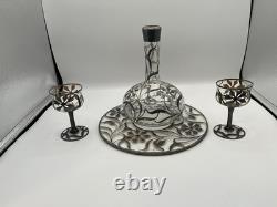 Antique Silver Overlay Filigree Art Nouveau Decanter & Glasses Set On Tray