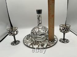 Antique Silver Overlay Filigree Art Nouveau Decanter & Glasses Set On Tray