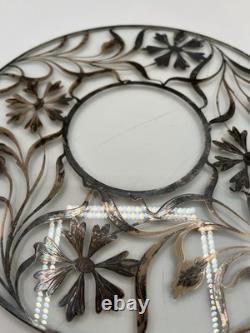 Antique Silver Overlay Filigree Art Nouveau Decanter & Glasses Set On Tray