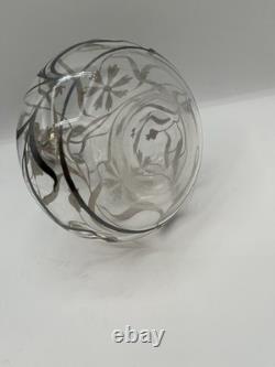 Antique Silver Overlay Filigree Art Nouveau Decanter & Glasses Set On Tray