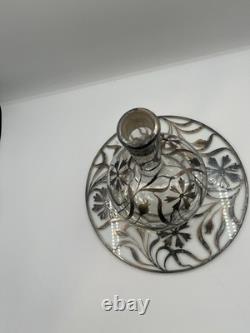 Antique Silver Overlay Filigree Art Nouveau Decanter & Glasses Set On Tray