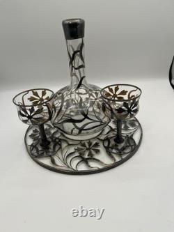 Antique Silver Overlay Filigree Art Nouveau Decanter & Glasses Set On Tray