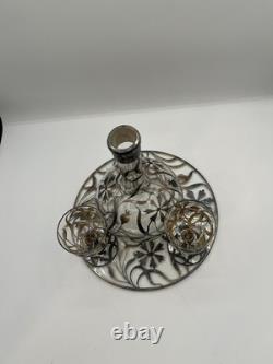 Antique Silver Overlay Filigree Art Nouveau Decanter & Glasses Set On Tray